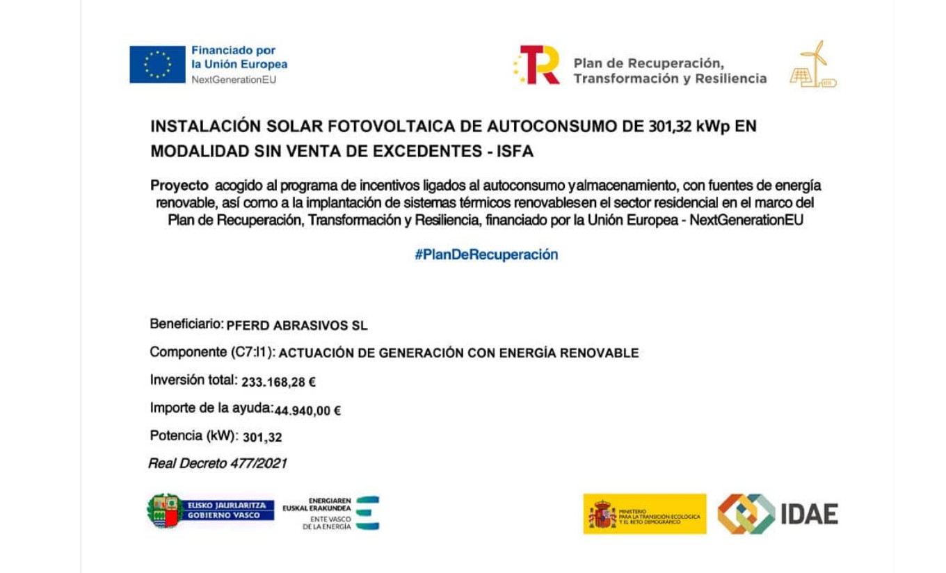 Instalación solar fotovoltaica de autoconsumo en PFERD-Abrasivos, S.L.