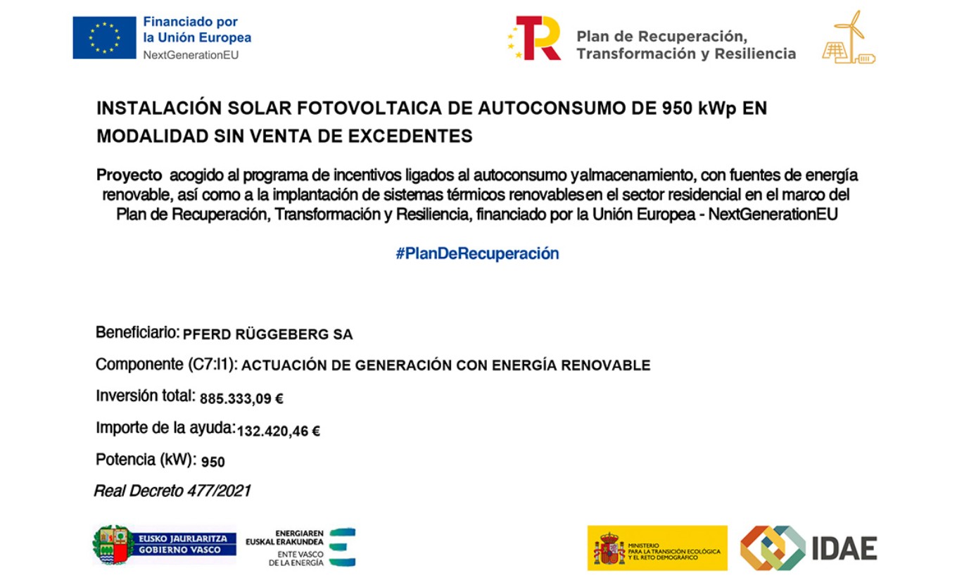 Instalación solar fotovoltaica de autoconsumo en PFERD-Rüggeberg, S.A.