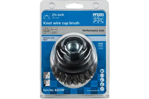 Knot Wire Cup Brush PSF 2-3/4″ Dia. .014 Stainless Steel 5/8-11″ Thread Retail 2