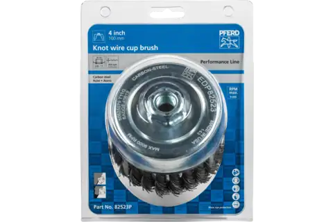 Knot Wire Cup Brush PSF 4″ Dia. .023 Carbon Steel 5/8-11″ Thread Retail 2