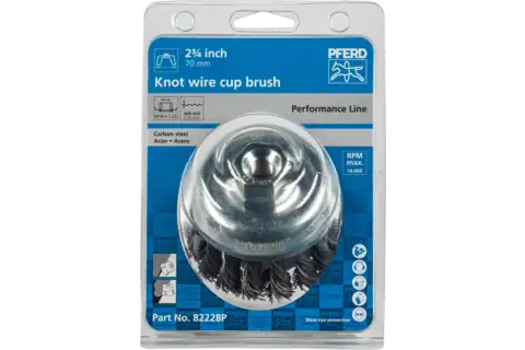 Knot Wire Cup Brush PSF 2-3/4″ Dia. .020 Carbon Steel M10x1.25 Thread Retail 2