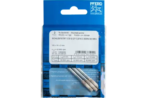 Meule sur tige CAIN SHARP CS-G, cylindrique Ø 3,8x16 mm, tige Ø 3 mm A80 pour l'affûtage des chaînes de tronçonneuse 2