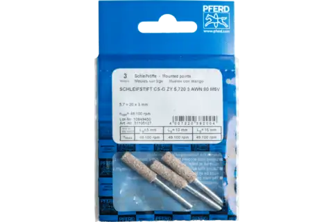 Meule sur tige CAIN SHARP CS-G, cylindrique Ø 5,7x20 mm, tige Ø 3 mm A80 pour l'affûtage des chaînes de tronçonneuse 2
