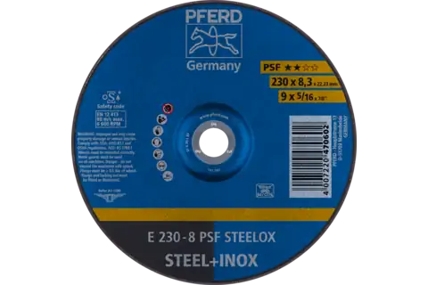 Disco de desbaste E 230x8,3x22,23 mm línea universal PSF STEELOX para acero/acero inoxidable 1