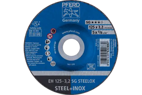 Kesme taşı EH 125x3,2x22,23 mm göbekli Performans Serisi SG STEELOX, çelik/paslanmaz çelik için 1