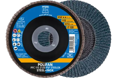Disco lamellare POLIFAN PFC 115x22,23 mm conico Z120 linea uni. PSF STEELOX acciaio/acciaio inossidabile 1