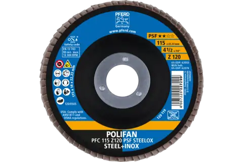 Disco lamellare POLIFAN PFC 115x22,23 mm conico Z120 linea uni. PSF STEELOX acciaio/acciaio inossidabile 2