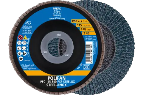 Disco lamellare POLIFAN PFC 115x22,23 mm conico Z40 linea uni. PSF STEELOX acciaio/acciaio inossidabile 1