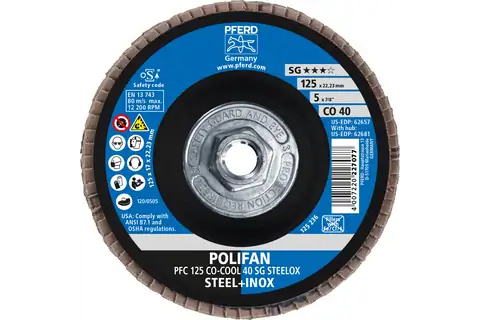 Flap Disc, 5″ x 5/8-11, CO-COOL SG STEELOX, 40 Grit, T29, Conical, Ceramic oxide 2