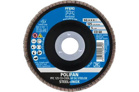 Flap Disc, 5″ x 7/8, CO-COOL SG STEELOX, 60 Grit, T29, Conical, Ceramic oxide 2