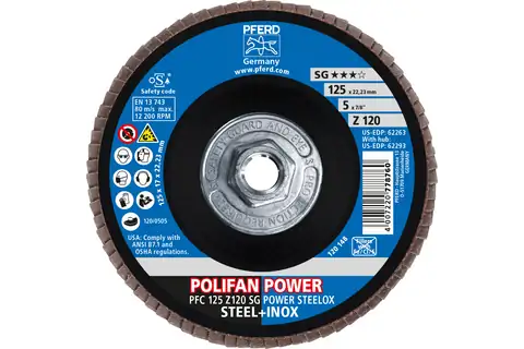 Flap Disc, 5" x 5/8-11, Z SG POWER STEELOX, 120 Grit, T29, Conical, Zirconia 2
