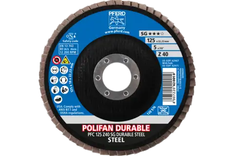 POLIFAN POWER flap disc PFC 125x22.23 mm conical Z40 Performance Line SG DURABLE STEEL for steel 2