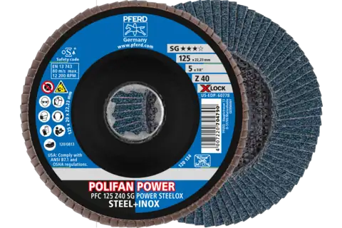 Disco de láminas lijadoras POWER POLIFAN PFC 125 mm X-LOCK cónico Z40 SG STEELOX acero/acero inoxidable 1