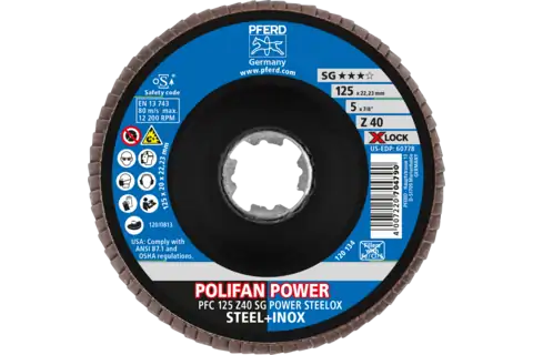 Disco de láminas lijadoras POWER POLIFAN PFC 125 mm X-LOCK cónico Z40 SG STEELOX acero/acero inoxidable 2