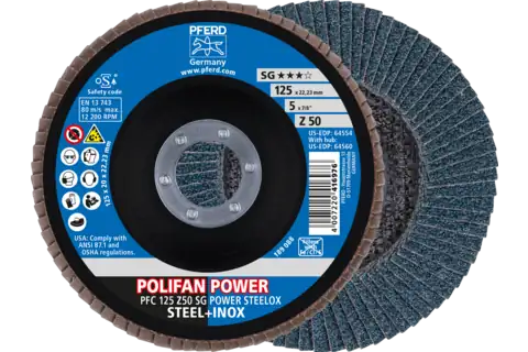 Disco lamellare POLIFAN POWER PFC 125x22,23 mm conico Z50 linea specialistica SG STEELOX per acciaio/acciaio inossidabile 1