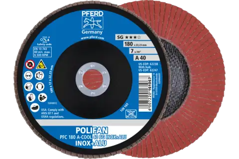 POLIFAN flap disc PFC 180x22.23 mm conical A-COOL 40 SG INOX+ALU stainless steel/aluminium 1