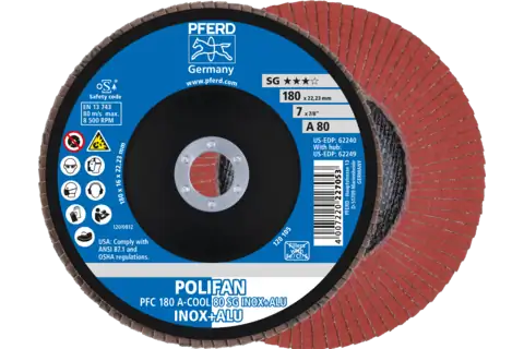 POLIFAN flap disc PFC 180x22.23 mm conical A-COOL 80 SG INOX+ALU stainless steel/aluminium 1