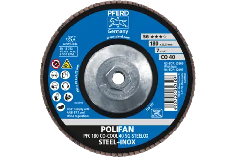 Flap Disc, 7″ x 5/8-11, CO-COOL SG STEELOX, 40 Grit, T29, Conical, Ceramic oxide 2