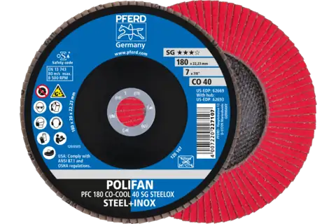 Disco de láminas lijadoras POLIFAN PFC 180x22,23 mm cónico CO-COOL 40 SG STEELOX acero/acero inoxidable 1