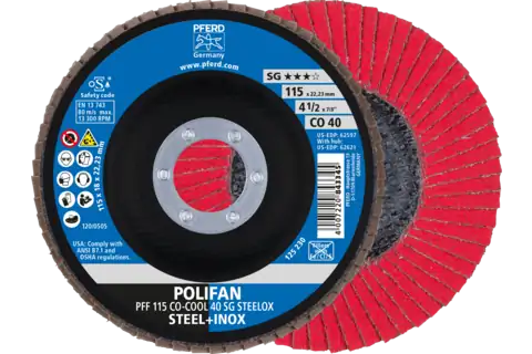 Disco de láminas lijadoras POLIFAN PFF 115x22,23 mm plano CO-COOL 40, línea de rendimiento SG STEELOX acero/acero inoxidable 1