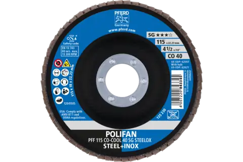 Disco de láminas lijadoras POLIFAN PFF 115x22,23 mm plano CO-COOL 40, línea de rendimiento SG STEELOX acero/acero inoxidable 2