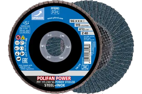 Disco de láminas lijadoras POLIFAN POWER PFF 115x22,23 mm plano Z40, línea de rendimiento SG POWER STEELOX acero/acero inoxidable 1