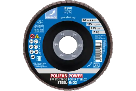 Disco de láminas lijadoras POLIFAN POWER PFF 115x22,23 mm plano Z40, línea de rendimiento SG POWER STEELOX acero/acero inoxidable 2