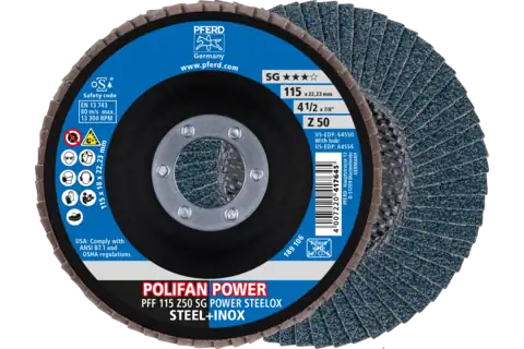 Disco de láminas lijadoras POLIFAN POWER PFF 115x22,23 mm plano Z50, línea rendimiento SG STEELOX para acero/acero inoxidable 1