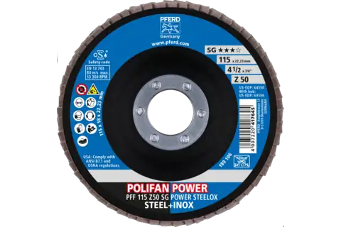 Disco de láminas lijadoras POLIFAN POWER PFF 115x22,23 mm plano Z50, línea rendimiento SG STEELOX para acero/acero inoxidable 2