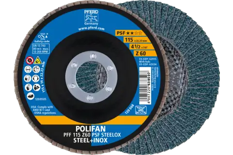 POLIFAN flap disc PFF 115x22.23 mm flat Z60 Universal Line PSF STEELOX steel/stainless steel 1