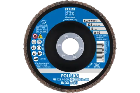 POLIFAN flap disc PFF 125x22.23 mm flat A-COOL 40 SG INOX+ALU stainless steel/aluminium 2