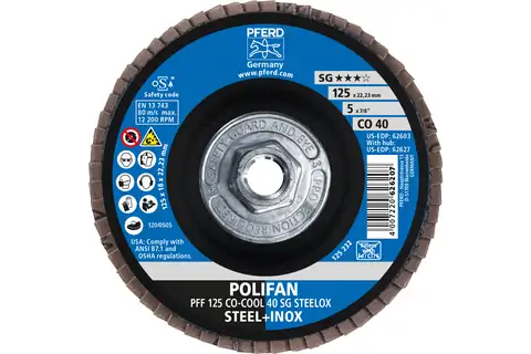 Flap Disc, 5″ x 5/8-11, CO-COOL SG STEELOX, 40 Grit, T27, Flat, Ceramic oxide 2