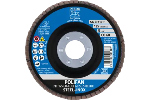 Flap Disc, 5″ x 7/8, CO-COOL SG STEELOX, 60 Grit, T27, Flat, Ceramic oxide 2