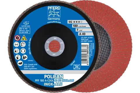 POLIFAN flap disc PFF 180x22.23 mm flat A-COOL 40 SG INOX+ALU stainless steel/aluminium 1