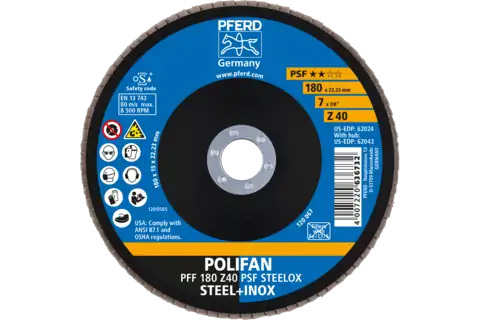 POLIFAN flap disc PFF 180x22.23 mm flat Z40 Universal Line PSF STEELOX steel/stainless steel 2