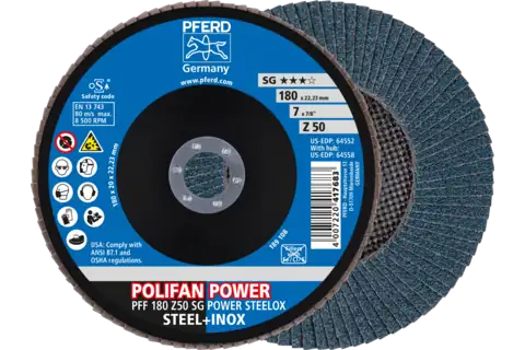 Disco lamellare POLIFAN POWER PFF 180x22,23 mm piatto Z50 linea specialistica SG STEELOX per acciaio/acciaio inossidabile 1