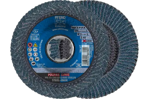 Flap Disc, 4-1/2", X-LOCK, Z SGP CURVE STEELOX, 40 Grit, Large Radius, Zirconia 1