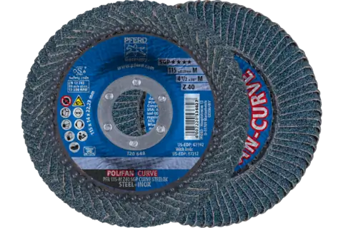 Flap Disc, 4-1/2"x7/8, Z SGP CURVE STEELOX,40 Grit,Medium Radius,Zirconia,2 Pack 1