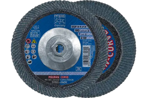 Flap Disc, 7" x 5/8-11, Z SGP CURVE STEELOX, 40 Grit, Large Radius, Zirconia 1